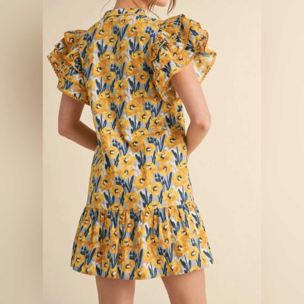 Hudson Gray Floral Print Dress Size Large Ruffle Ric Rac Trim - Picture 2 of 6